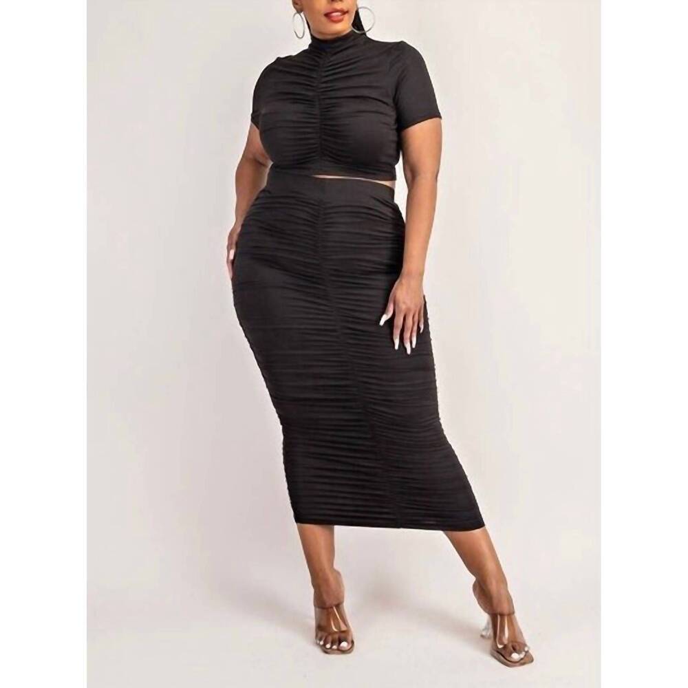 NEW THE CURVE two piece short sleeve ruched top and skirt set in black
